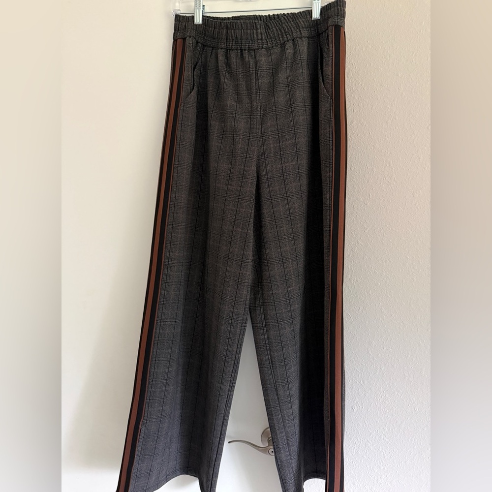 Evereve Charcoal Plaid Trousers with track stripe detail